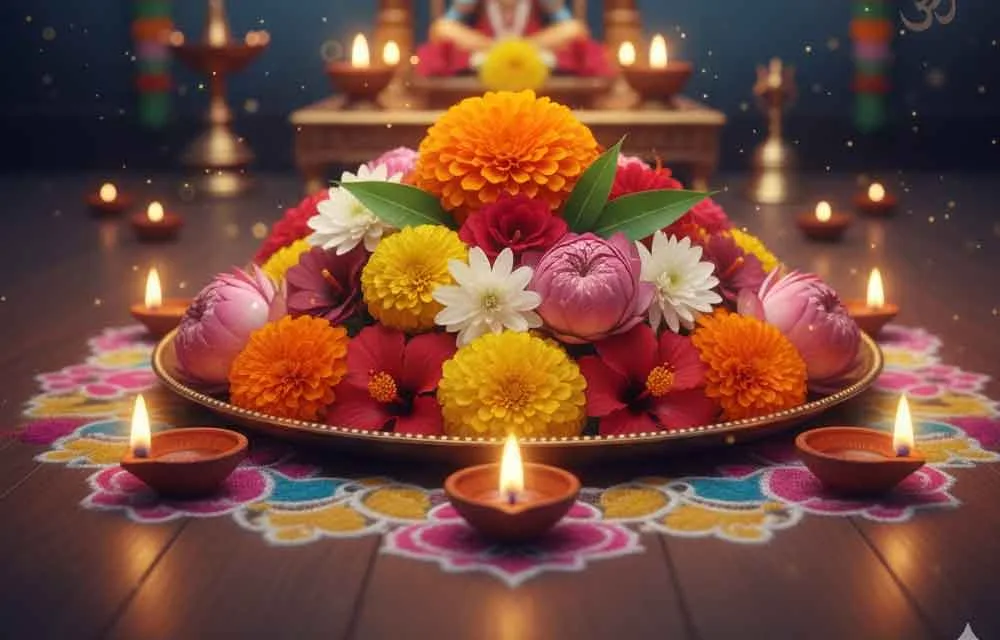 దీపావళి పూజలో ఉపయోగించే పవిత్ర పుష్పాలు & వాటి శక్తి తరంగాలు — పూజలు, శ్లోకాలు, మంత్రాలు