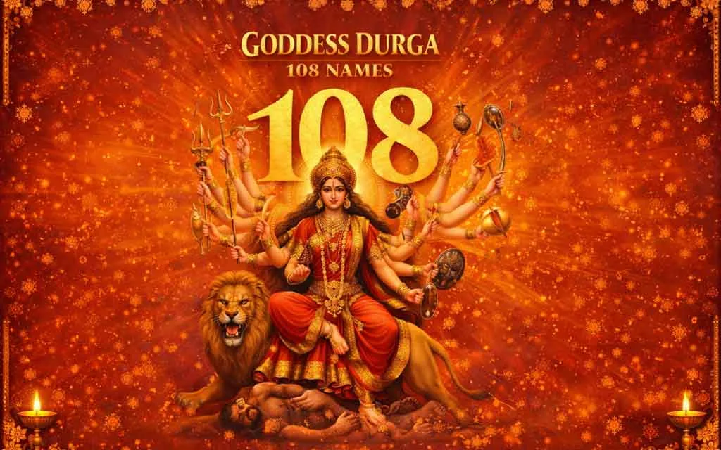 అర్థంతో దుర్గామాత 108 నామాలు (దుర్గా అష్టోత్తర శతనామావళి) – నవరాత్రి 2026 — పూజలు, శ్లోకాలు, మంత్రాలు